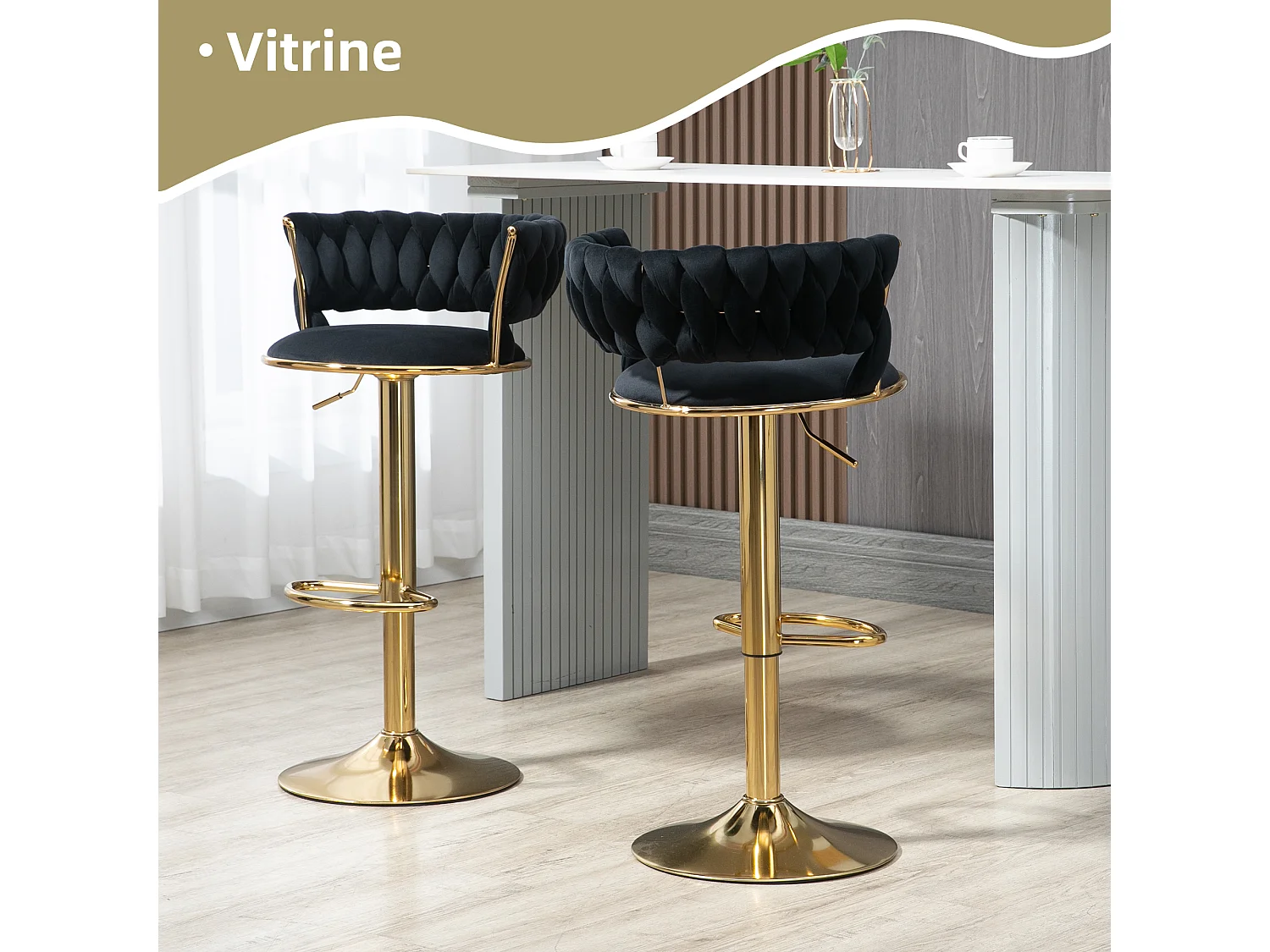 Lot de 4 Tabourets de Bar – Assise Tissée Noire – Pieds Dorés – Hauteur Réglable – 360° Rotatifs – Idéal pour Cuisine et Bar