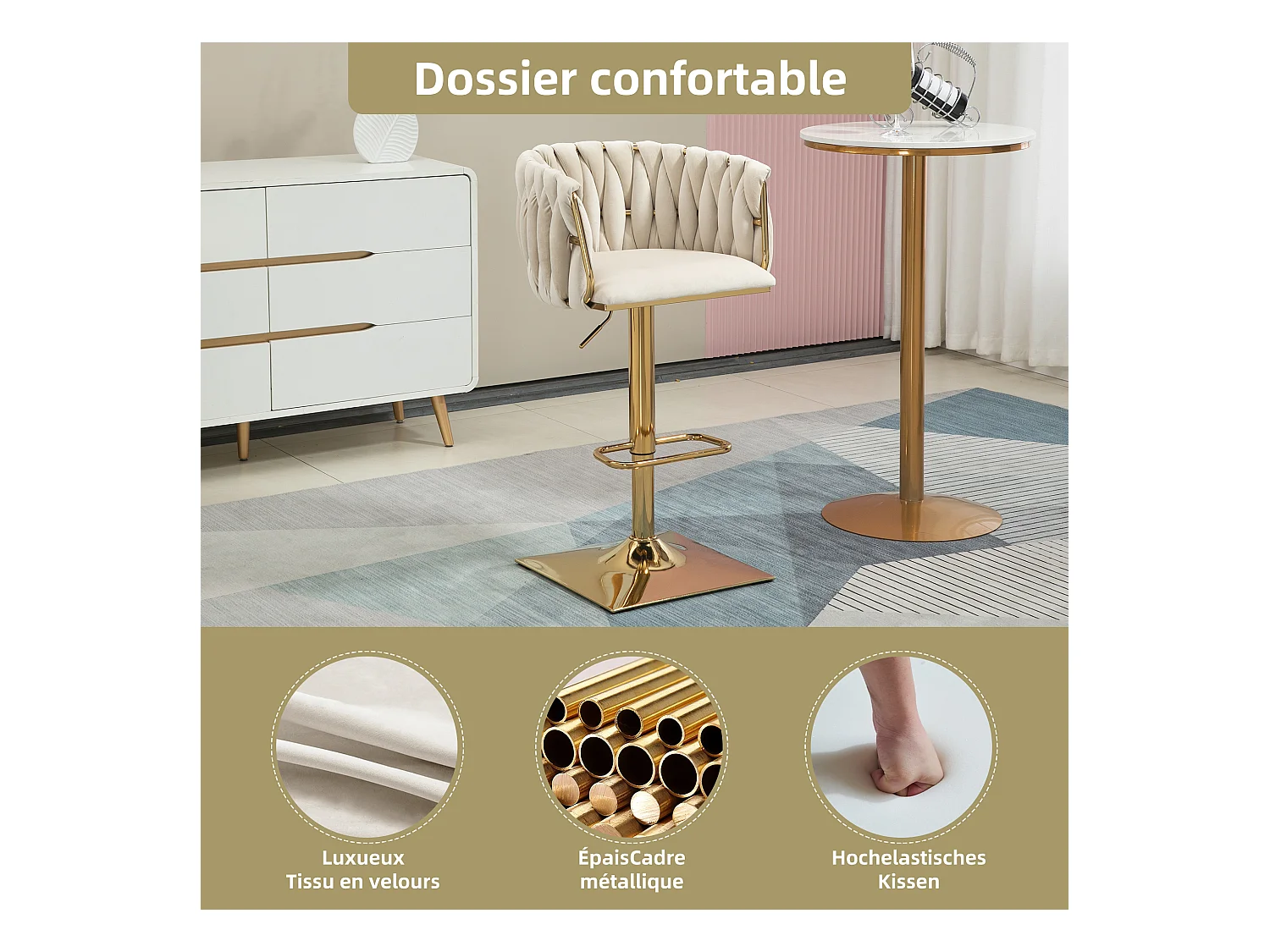 Lot de 2 Tabourets de Bar Tressés en Vert - Pieds en Métal Doré - Repose-Pieds - Hauteur Réglable - Rotation 360° - Idéal pour Cuisine, Salon ou Bar