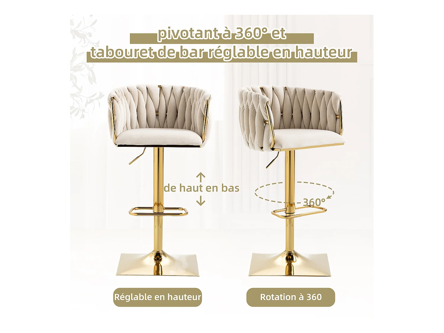 Lot de 2 Tabourets de Bar Tressés en Vert - Pieds en Métal Doré - Repose-Pieds - Hauteur Réglable - Rotation 360° - Idéal pour Cuisine, Salon ou Bar