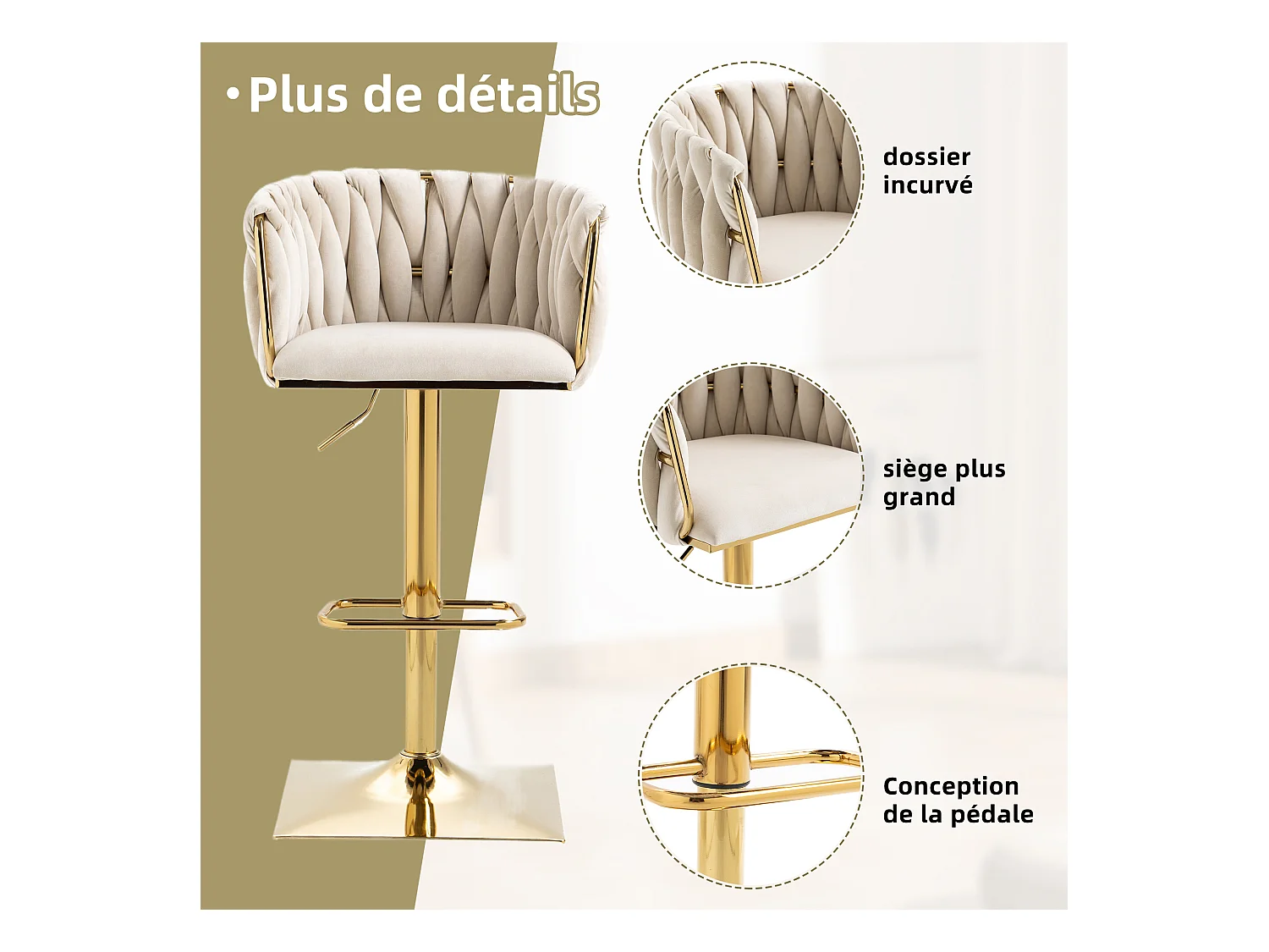 Lot de 2 Tabourets de Bar Tressés en Vert - Pieds en Métal Doré - Repose-Pieds - Hauteur Réglable - Rotation 360° - Idéal pour Cuisine, Salon ou Bar