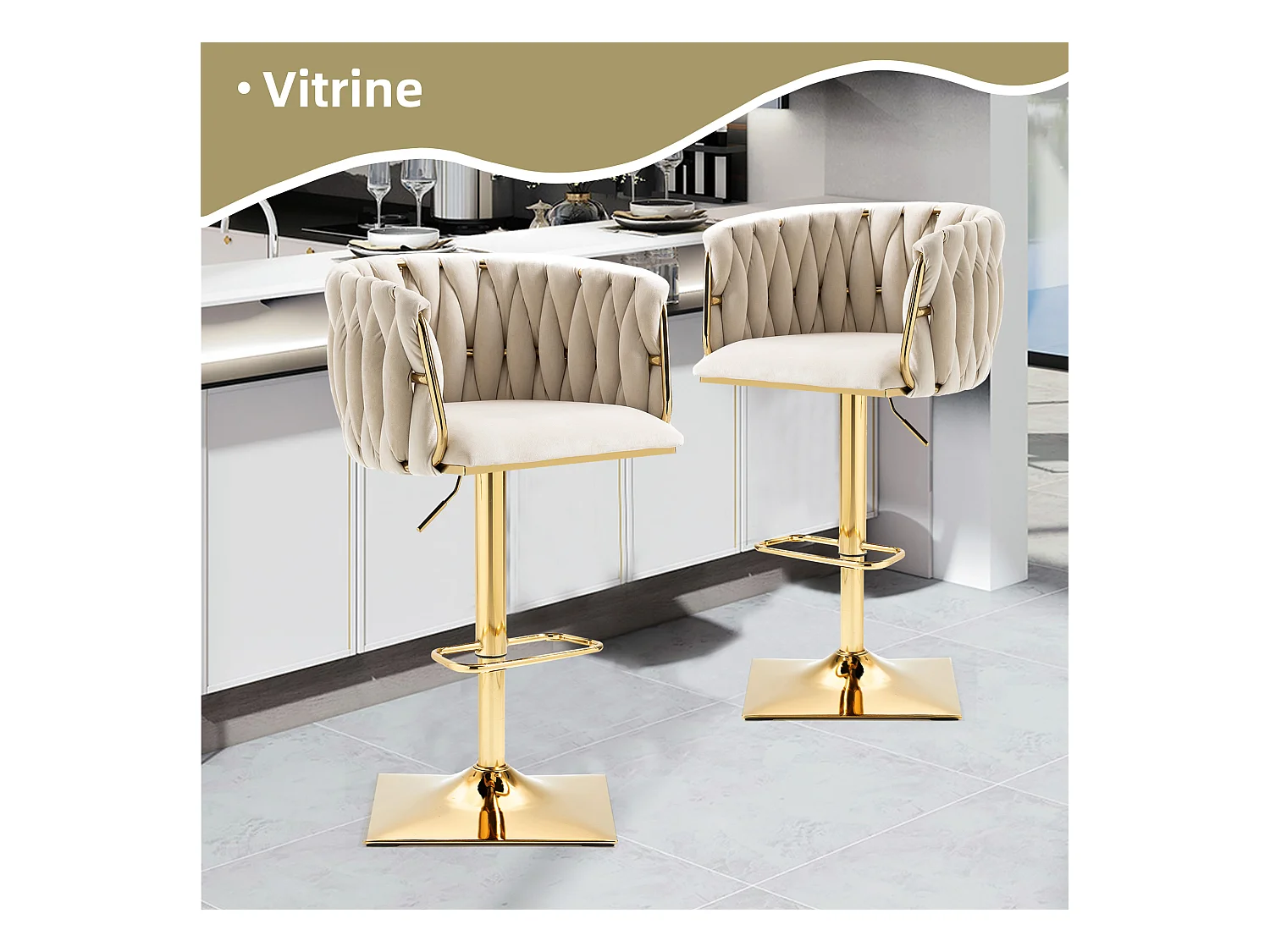 Lot de 2 Tabourets de Bar Tressés en Vert - Pieds en Métal Doré - Repose-Pieds - Hauteur Réglable - Rotation 360° - Idéal pour Cuisine, Salon ou Bar