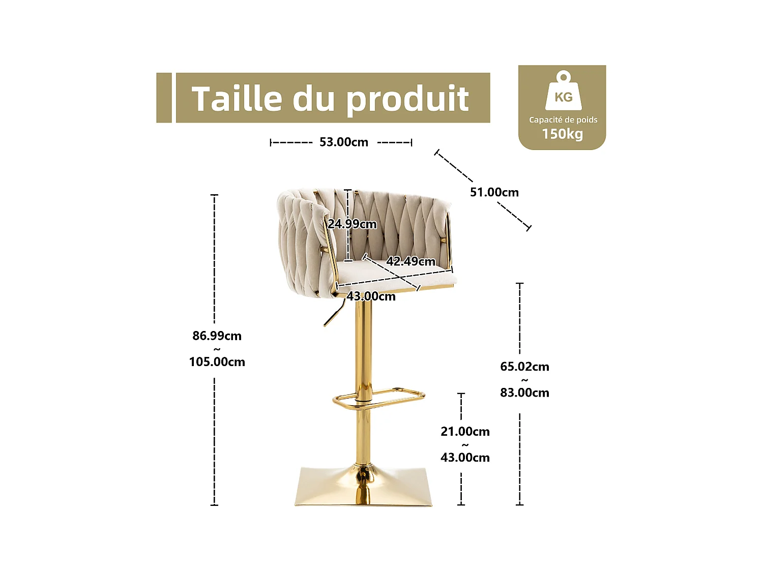Lot de 2 Tabourets de Bar Tressés en Vert - Pieds en Métal Doré - Repose-Pieds - Hauteur Réglable - Rotation 360° - Idéal pour Cuisine, Salon ou Bar