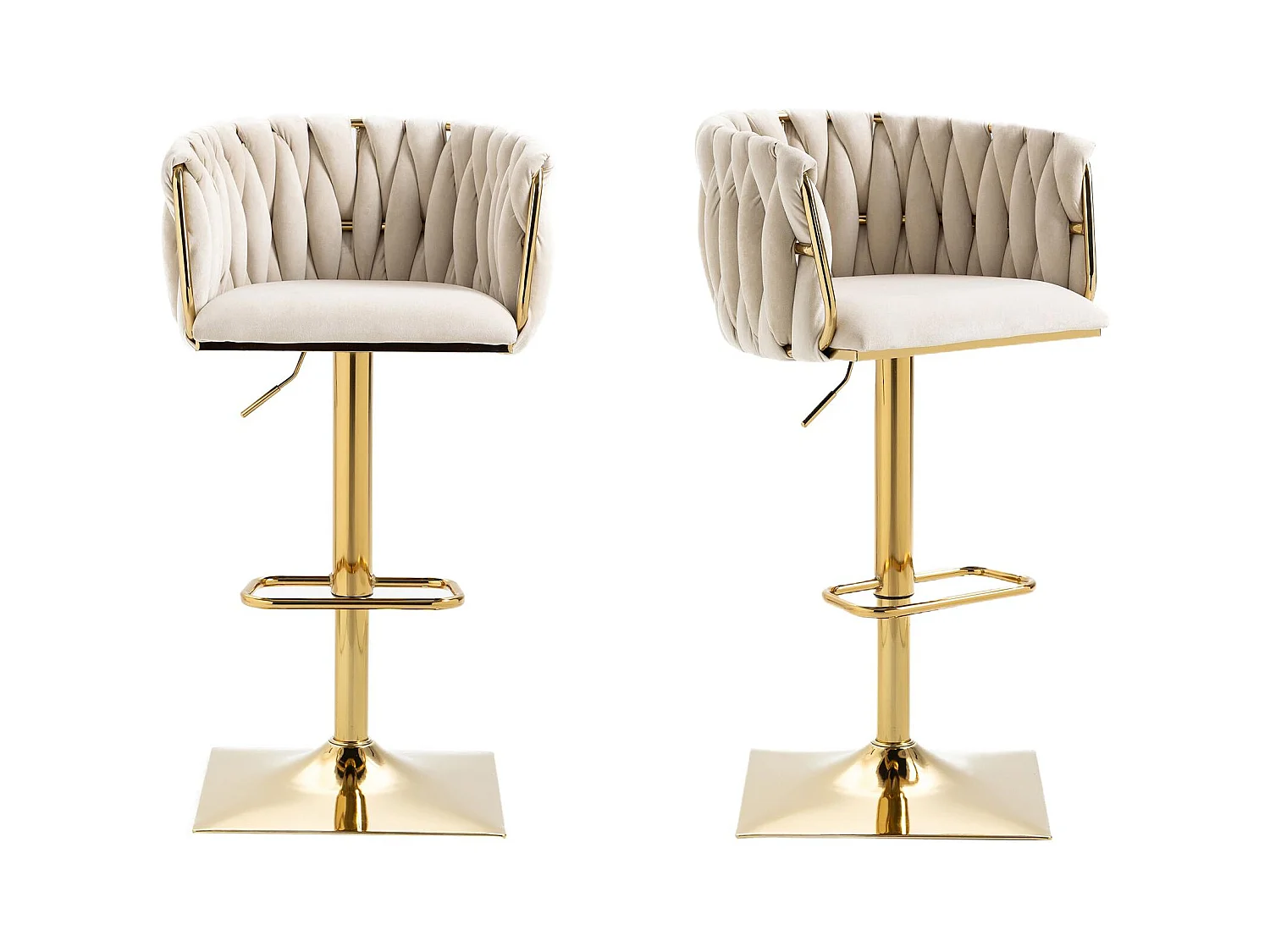 Lot de 2 Tabourets de Bar Tressés en Vert - Pieds en Métal Doré - Repose-Pieds - Hauteur Réglable - Rotation 360° - Idéal pour Cuisine, Salon ou Bar