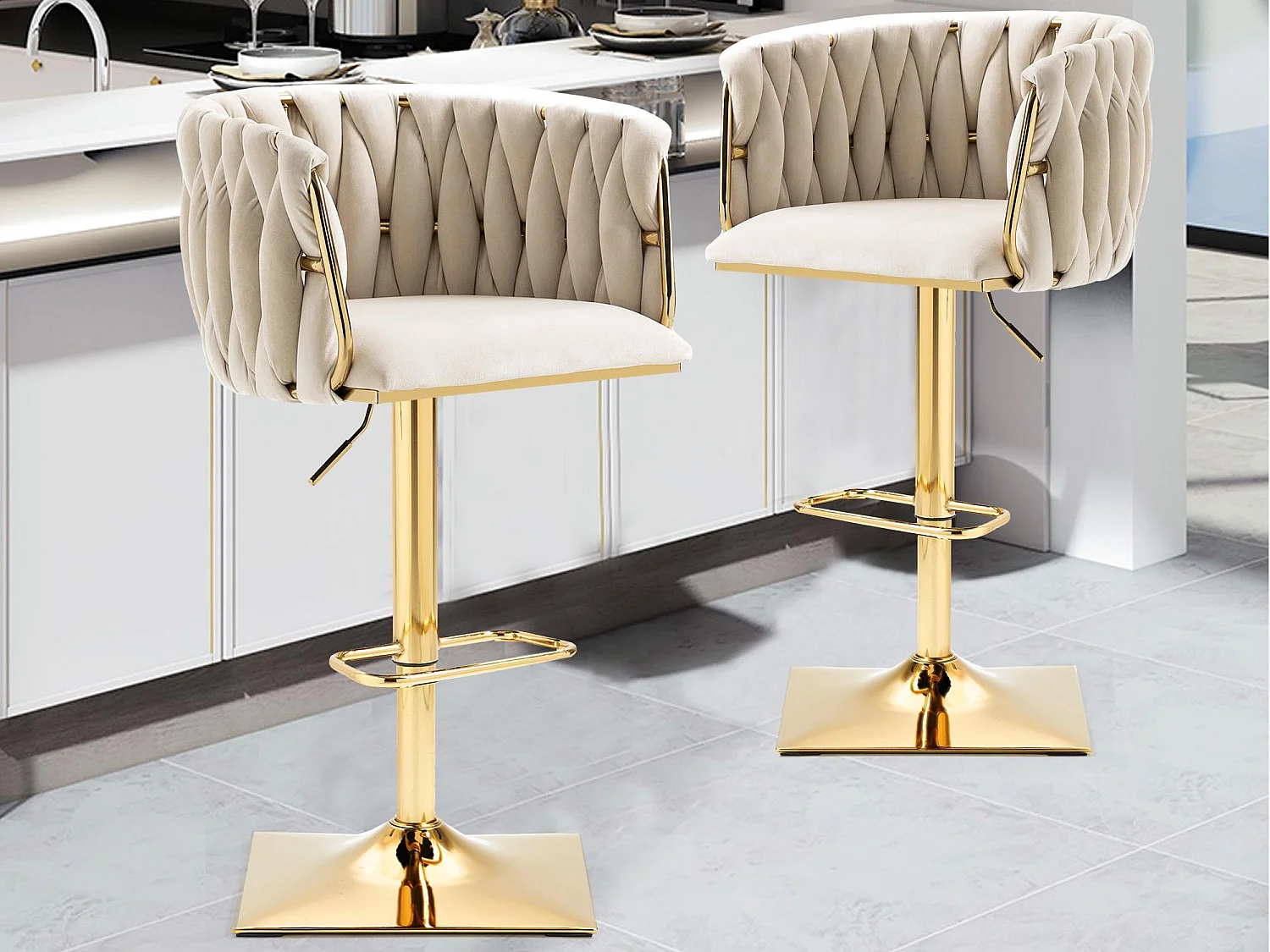 Lot de 2 Tabourets de Bar Tressés - Pieds en Métal Doré - Repose-Pieds - Hauteur Réglable - Rotation 360° - Idéal pour Cuisine, Salon ou Bar