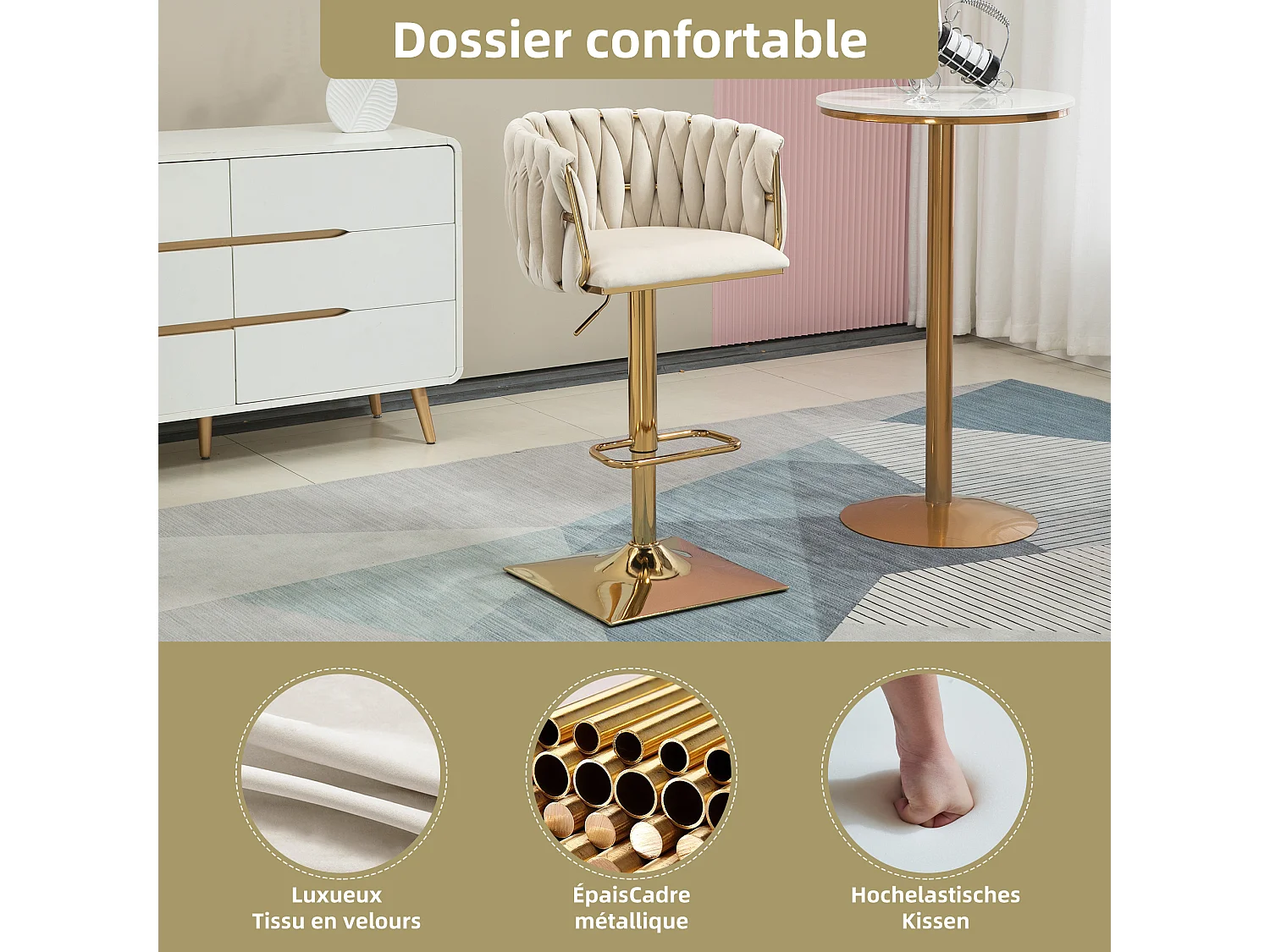 Lot de 2 Tabourets de Bar Tressés - Pieds en Métal Doré - Repose-Pieds - Hauteur Réglable - Rotation 360° - Idéal pour Cuisine, Salon ou Bar