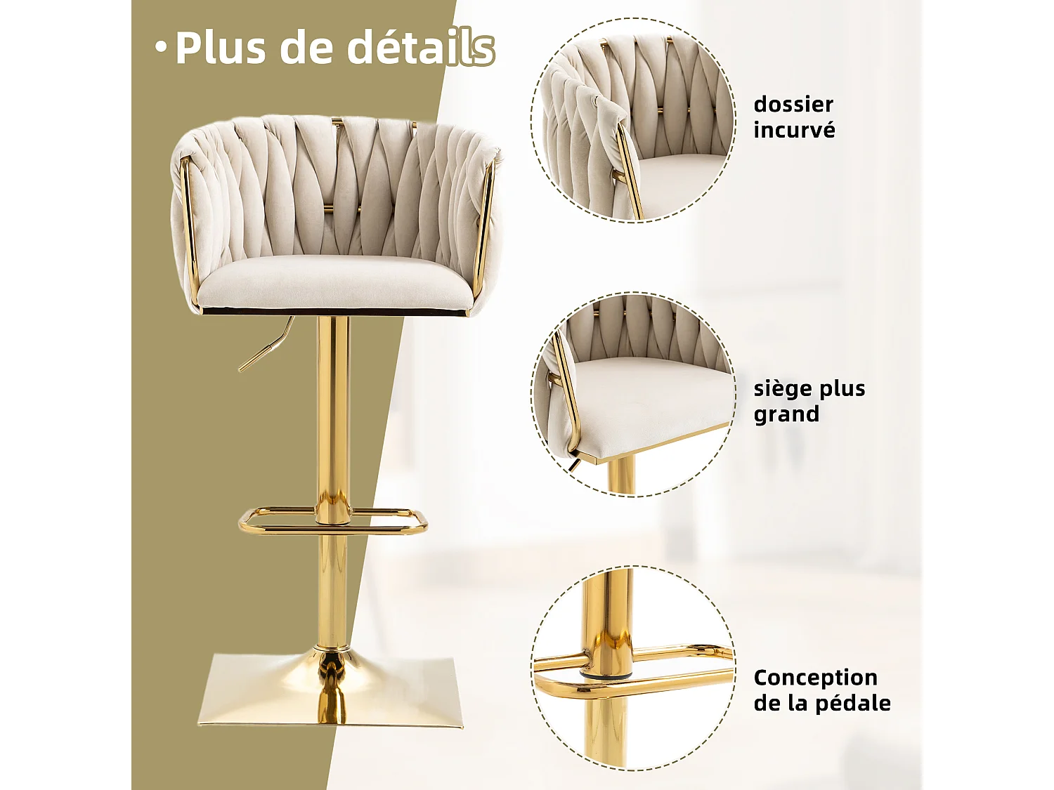 Lot de 2 Tabourets de Bar Tressés - Pieds en Métal Doré - Repose-Pieds - Hauteur Réglable - Rotation 360° - Idéal pour Cuisine, Salon ou Bar