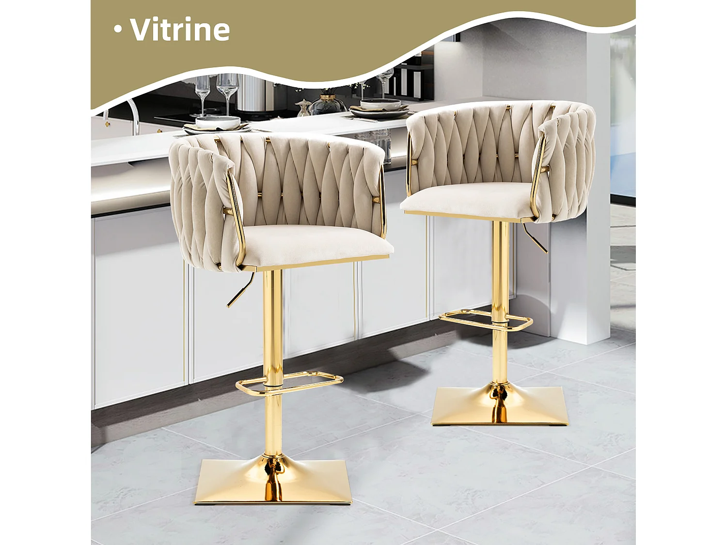 Lot de 2 Tabourets de Bar Tressés - Pieds en Métal Doré - Repose-Pieds - Hauteur Réglable - Rotation 360° - Idéal pour Cuisine, Salon ou Bar