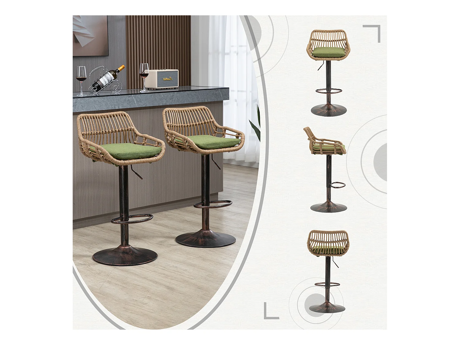Lot de 2 Tabourets de Bar – Assise en Lin Vert – Base Métallique Marron – Design en Rotin – Confort Optimal