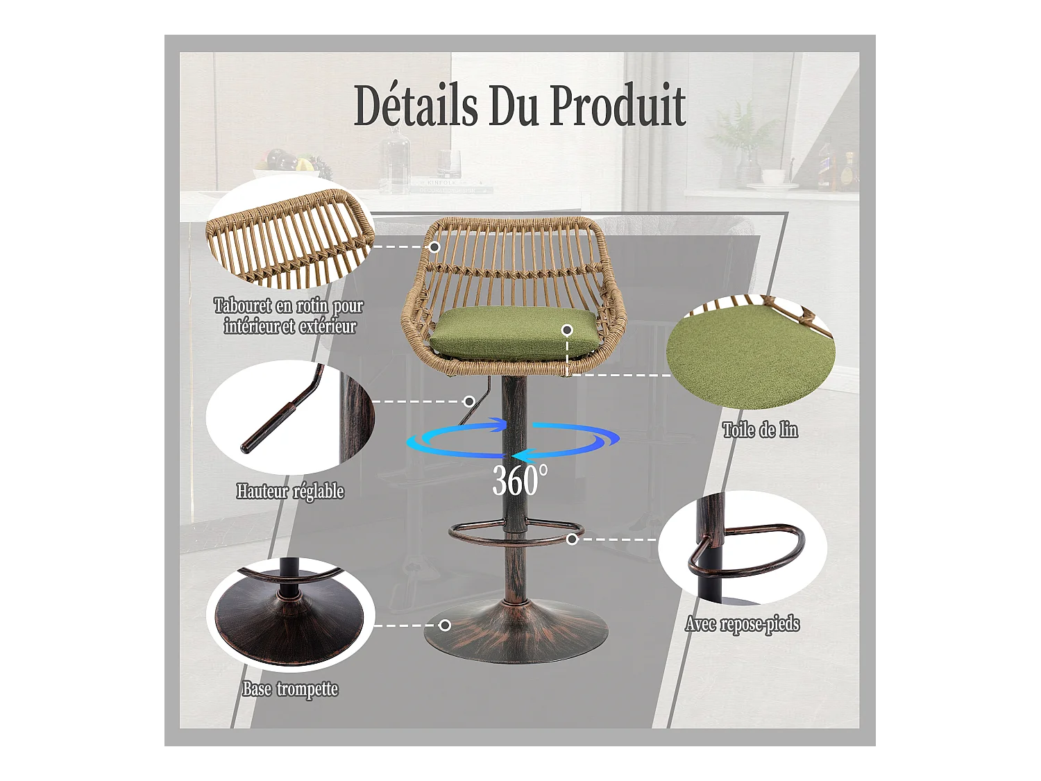 Lot de 2 Tabourets de Bar – Assise en Lin Vert – Base Métallique Marron – Design en Rotin – Confort Optimal