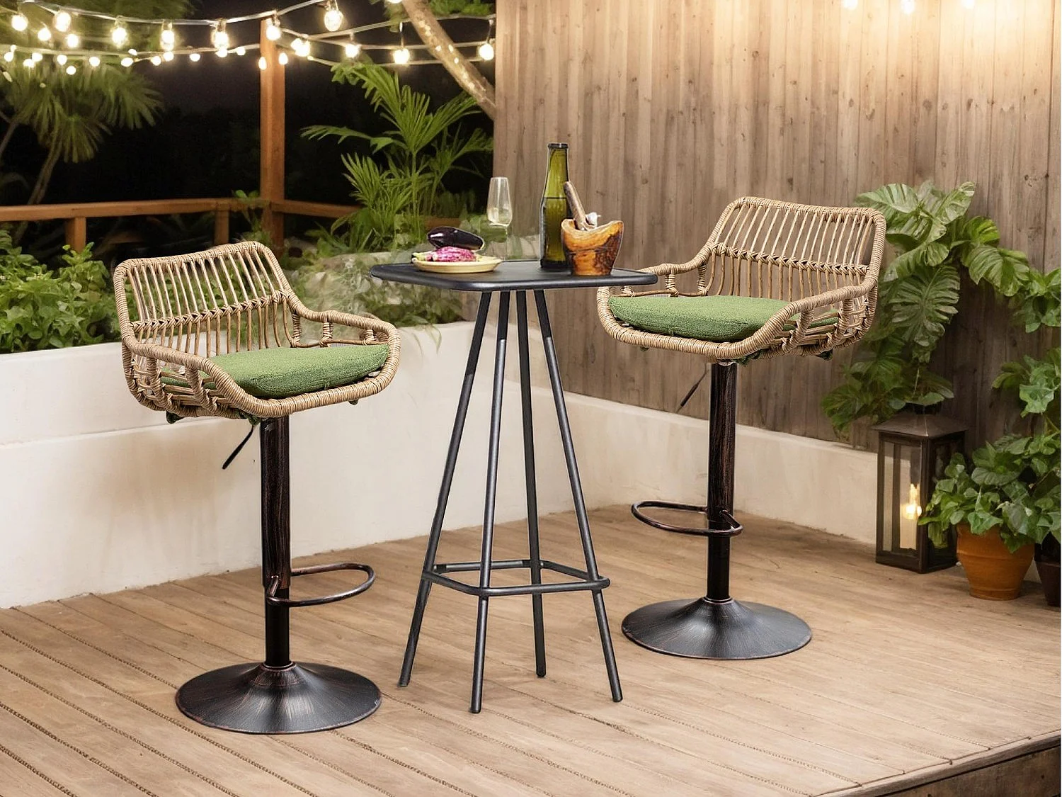 Lot de 2 Tabourets de Bar – Assise en Lin Vert – Base Métallique Marron – Design en Rotin – Confort Optimal