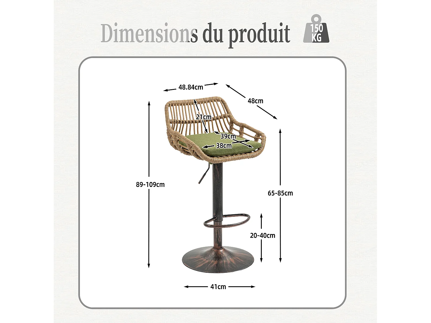 Lot de 2 Tabourets de Bar – Assise en Lin Vert – Base Métallique Marron – Design en Rotin – Confort Optimal