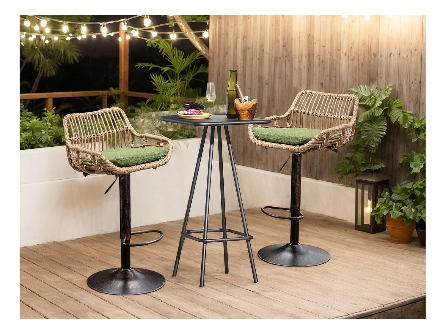 Lot de 2 Tabourets de Bar – Assise en Lin Vert – Base Métallique Marron – Design en Rotin – Confort Optimal