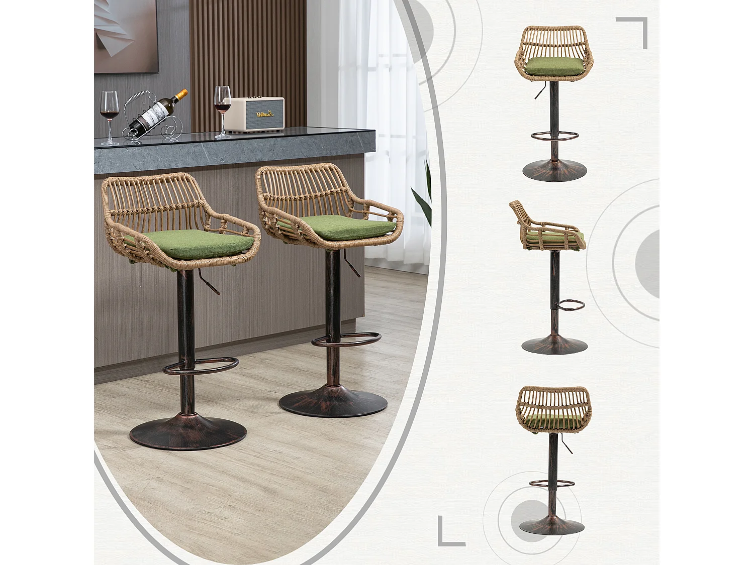 Lot de 2 Tabourets de Bar – Assise en Lin Vert – Base Métallique Marron – Design en Rotin – Confort Optimal