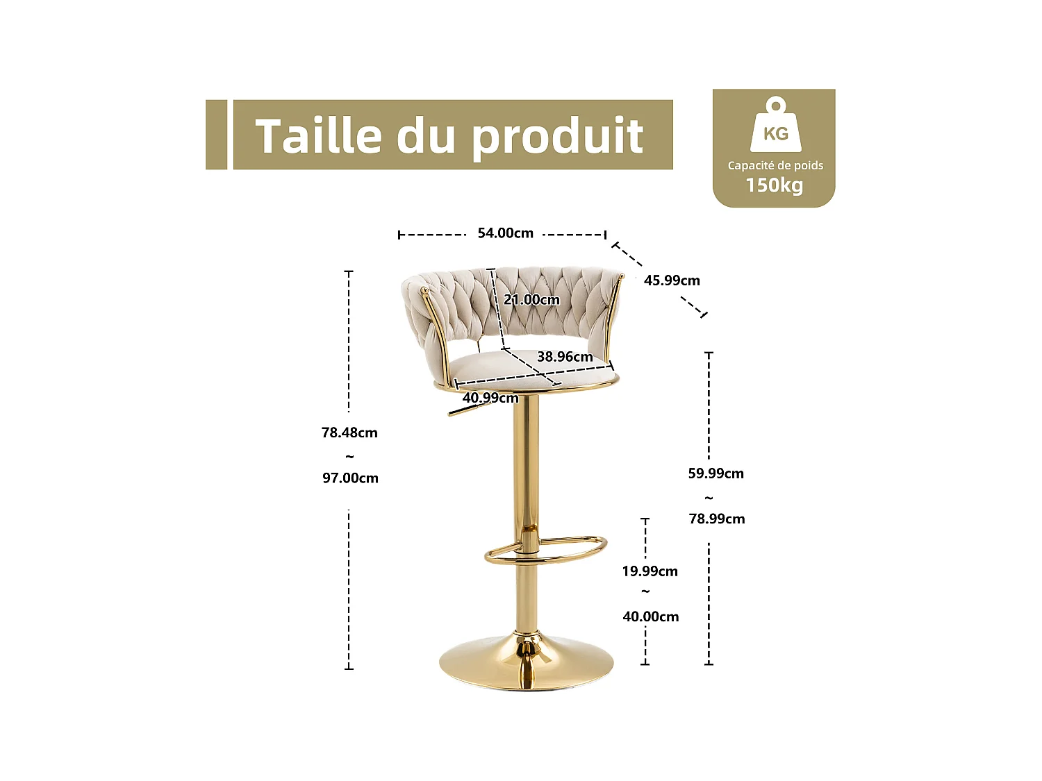 Lot de 2 Tabourets de Bar – Assise Tissée Ivoire – Pieds Dorés – Hauteur Réglable – 360° Rotatifs – Idéal pour Cuisine et Bar
