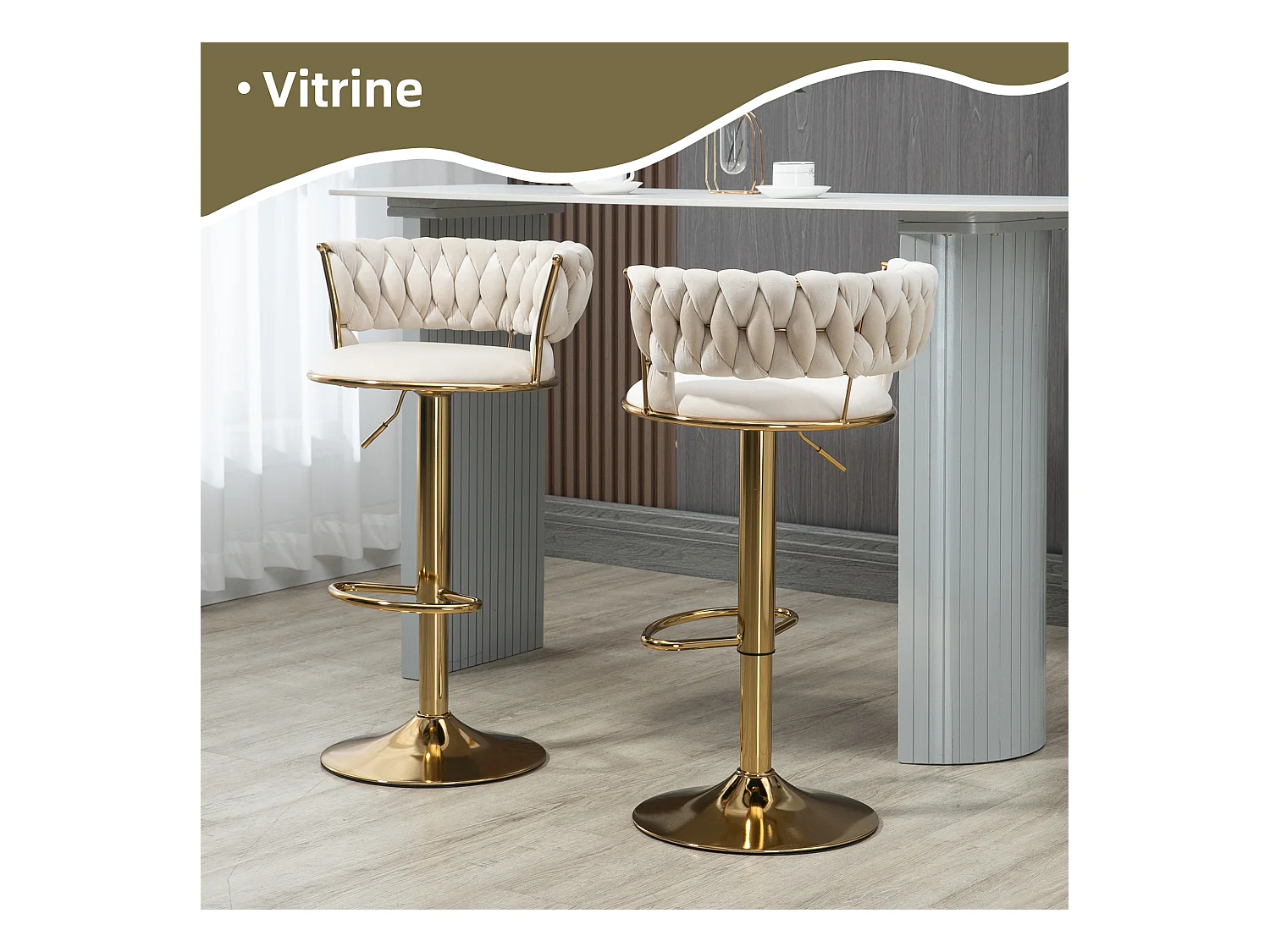 Lot de 2 Tabourets de Bar – Assise Tissée Ivoire – Pieds Dorés – Hauteur Réglable – 360° Rotatifs – Idéal pour Cuisine et Bar