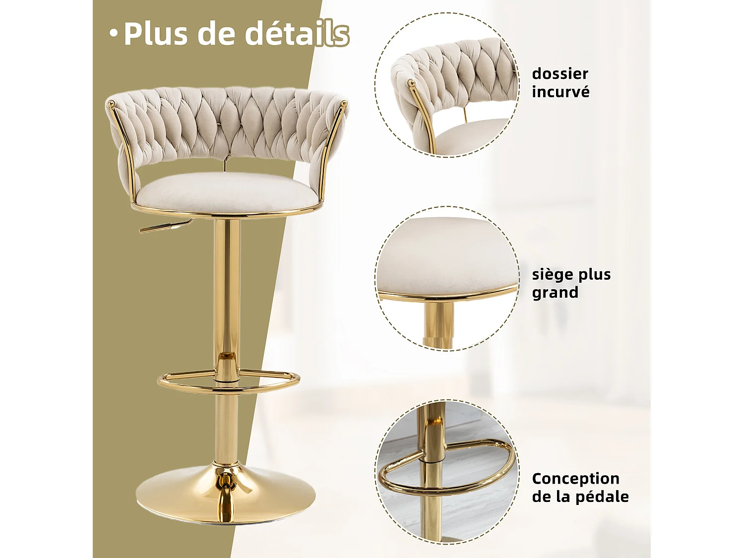 Lot de 2 Tabourets de Bar – Assise Tissée Ivoire – Pieds Dorés – Hauteur Réglable – 360° Rotatifs – Idéal pour Cuisine et Bar