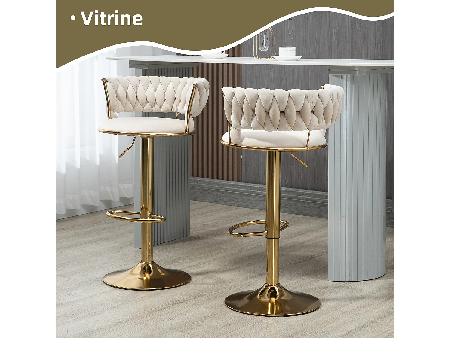 Lot de 2 Tabourets de Bar – Assise Tissée Ivoire – Pieds Dorés – Hauteur Réglable – 360° Rotatifs – Idéal pour Cuisine et Bar