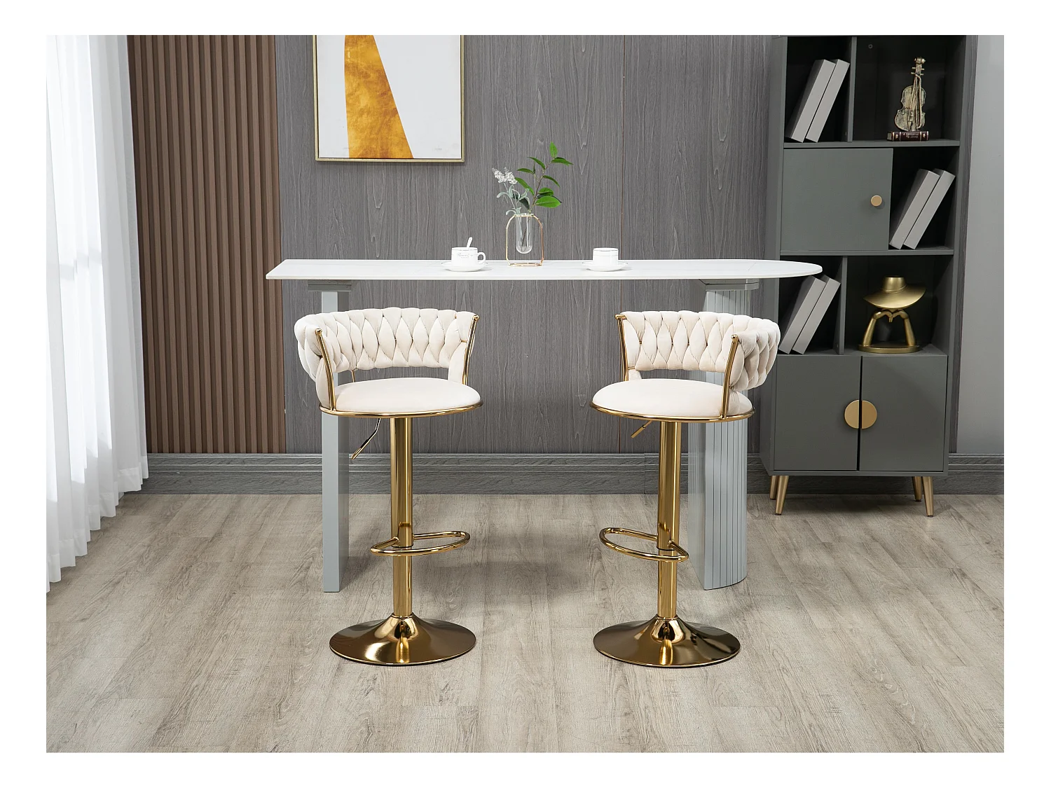 Lot de 2 Tabourets de Bar – Assise Tissée Ivoire – Pieds Dorés – Hauteur Réglable – 360° Rotatifs – Idéal pour Cuisine et Bar