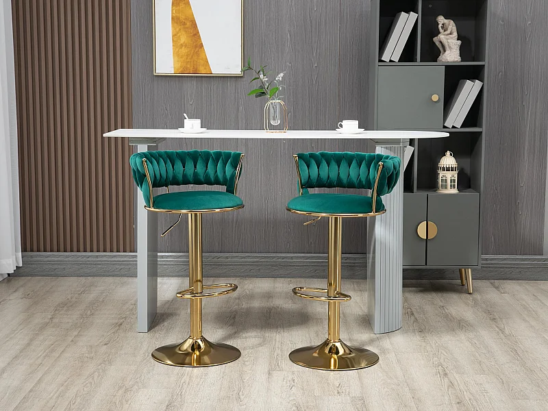 Lot de 4 Tabourets de Bar – Assise Tissée Verte – Pieds Dorés – Hauteur Réglable – 360° Rotatifs – Idéal pour Cuisine et Bar