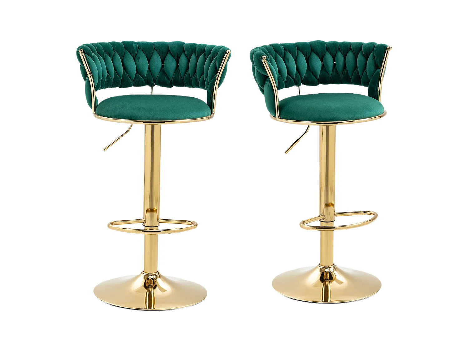 Lot de 4 Tabourets de Bar – Assise Tissée Verte – Pieds Dorés – Hauteur Réglable – 360° Rotatifs – Idéal pour Cuisine et Bar