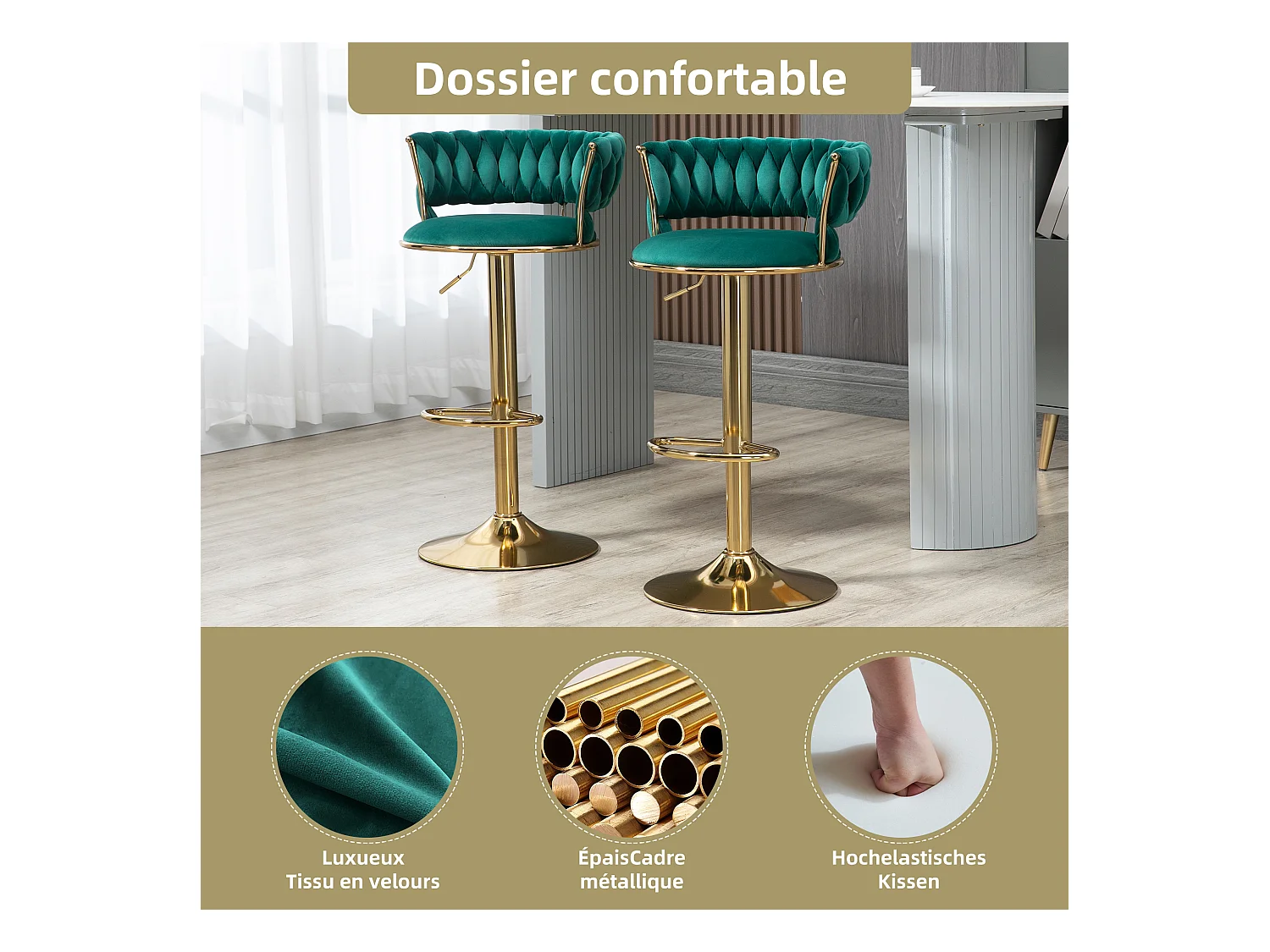 Lot de 4 Tabourets de Bar – Assise Tissée Verte – Pieds Dorés – Hauteur Réglable – 360° Rotatifs – Idéal pour Cuisine et Bar