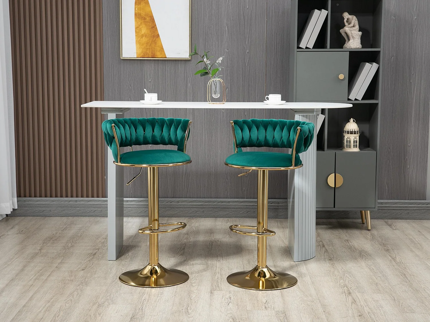 Lot de 4 Tabourets de Bar – Assise Tissée Verte – Pieds Dorés – Hauteur Réglable – 360° Rotatifs – Idéal pour Cuisine et Bar
