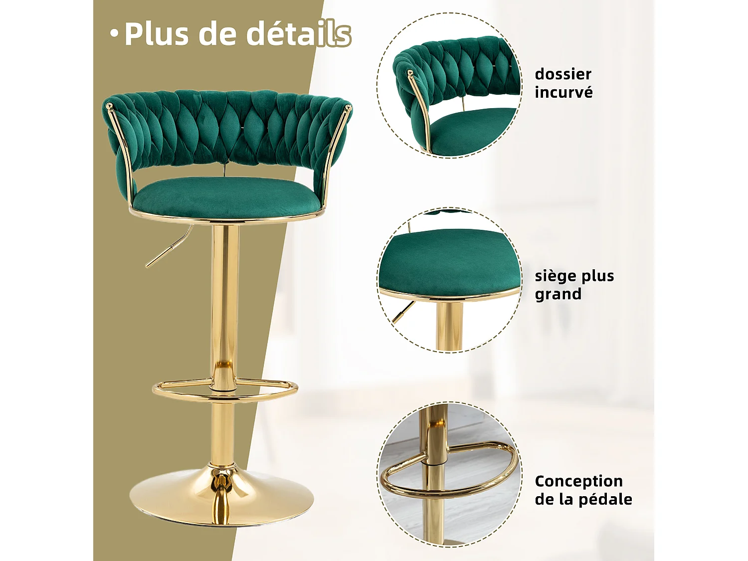 Lot de 4 Tabourets de Bar – Assise Tissée Verte – Pieds Dorés – Hauteur Réglable – 360° Rotatifs – Idéal pour Cuisine et Bar