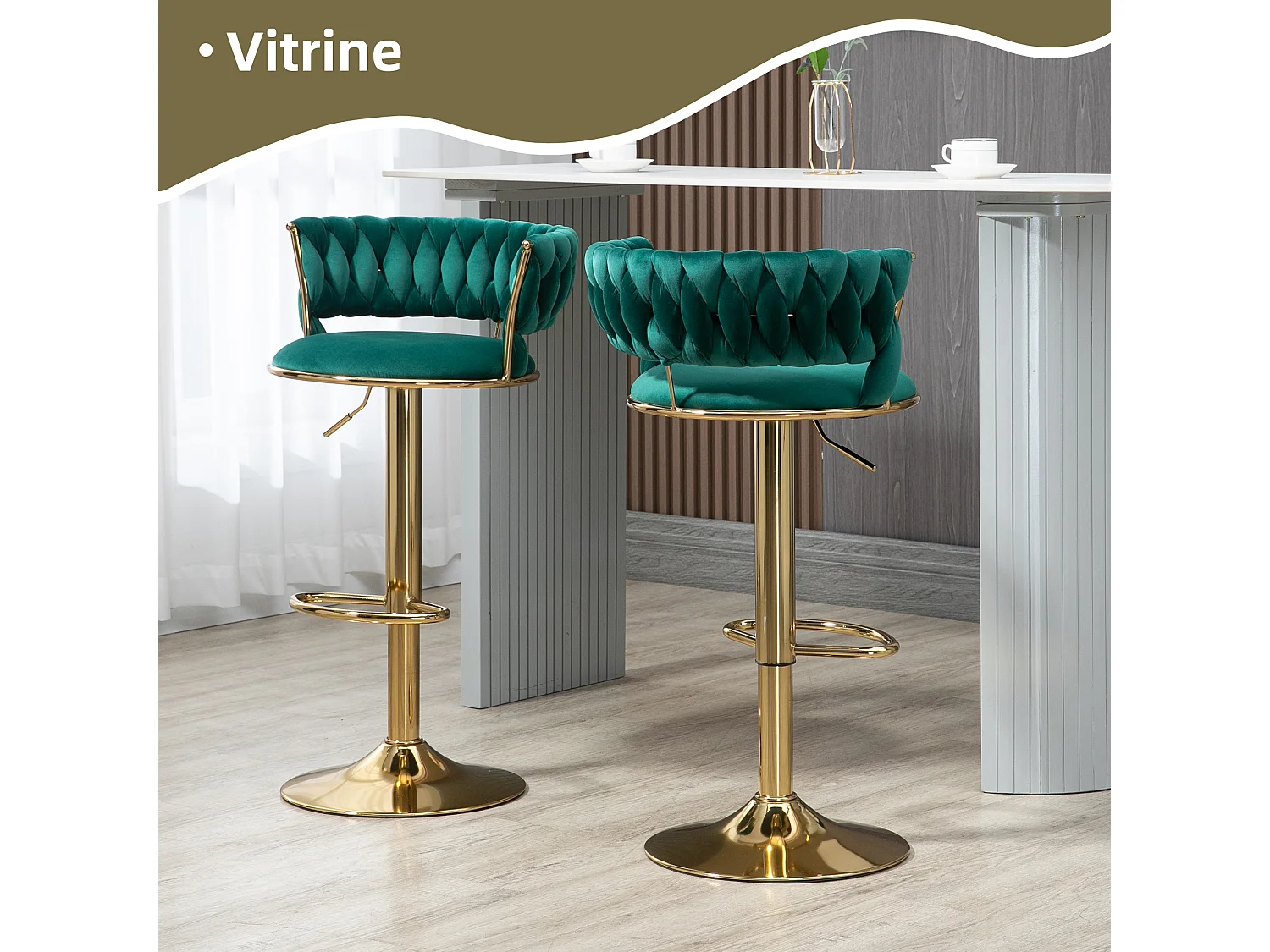 Lot de 4 Tabourets de Bar – Assise Tissée Verte – Pieds Dorés – Hauteur Réglable – 360° Rotatifs – Idéal pour Cuisine et Bar