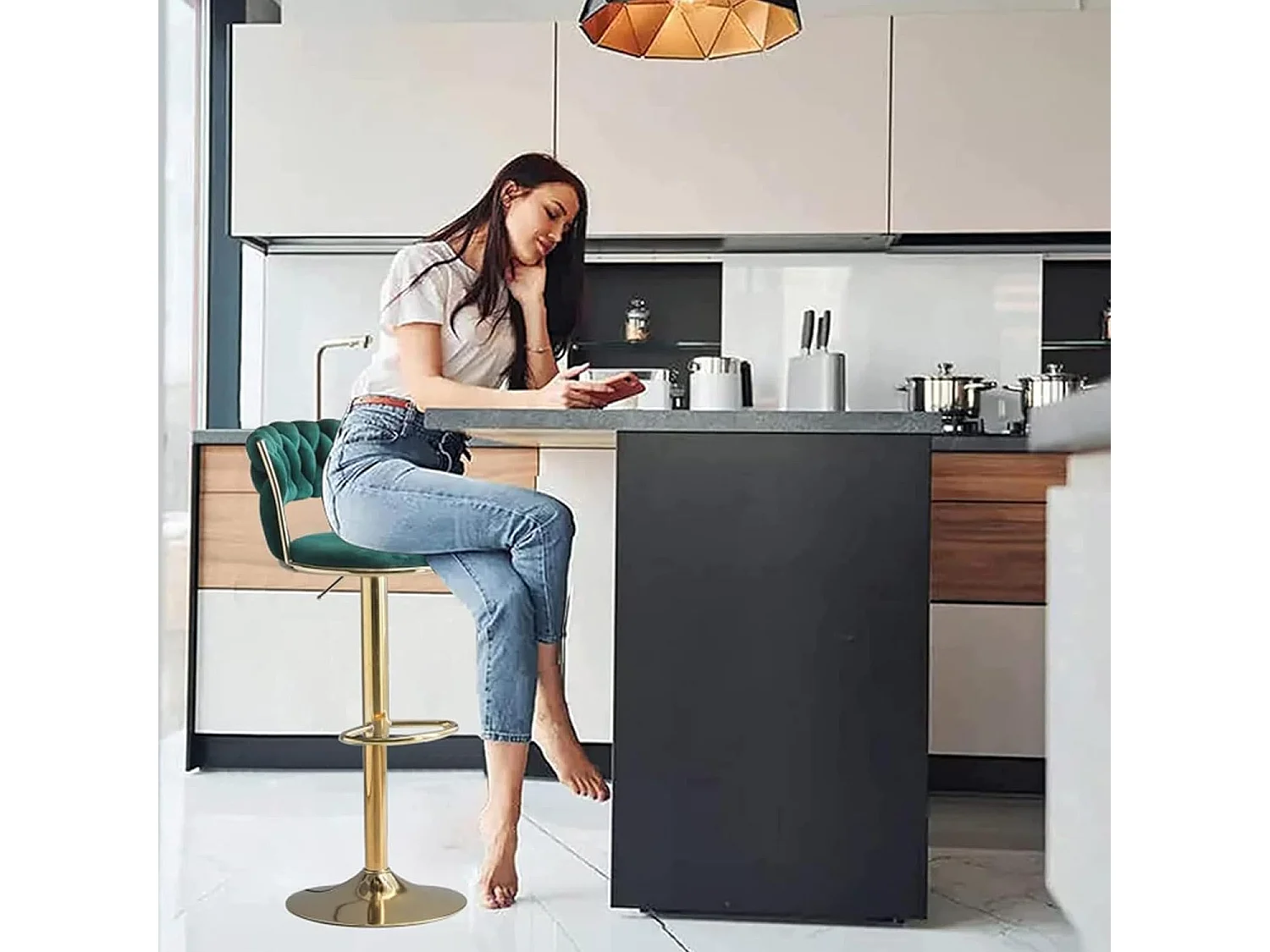 Lot de 4 Tabourets de Bar – Assise Tissée Verte – Pieds Dorés – Hauteur Réglable – 360° Rotatifs – Idéal pour Cuisine et Bar