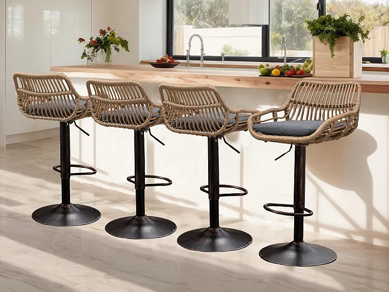 Set van 4 barkrukken – Linnen zitting – Bruin metalen onderstel – Rotan design – Optimaal comfort