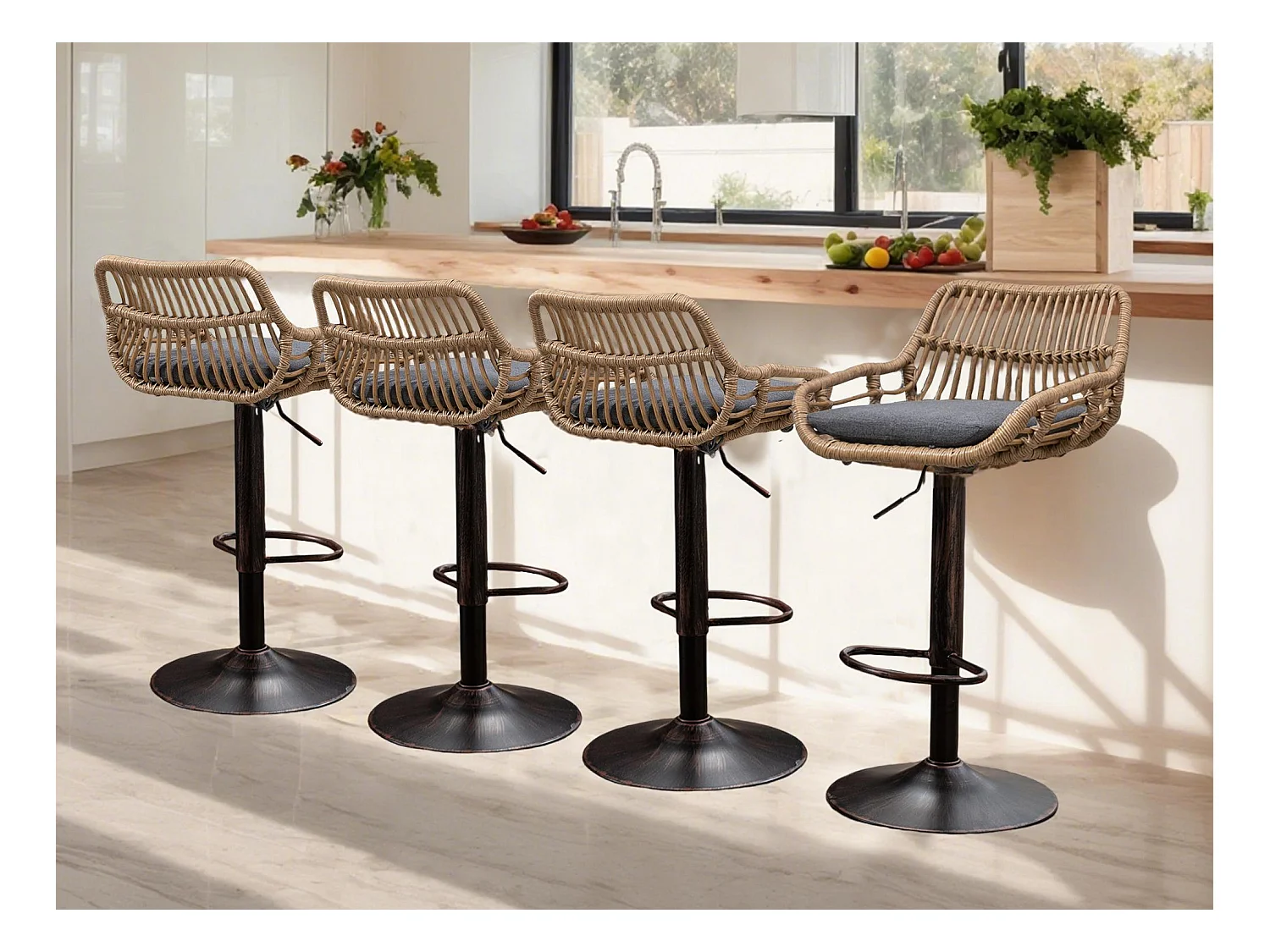 Lot de 4 Tabourets de Bar – Assise en Lin Gris – Base Métallique Marron – Design en Rotin – Confort Optimal