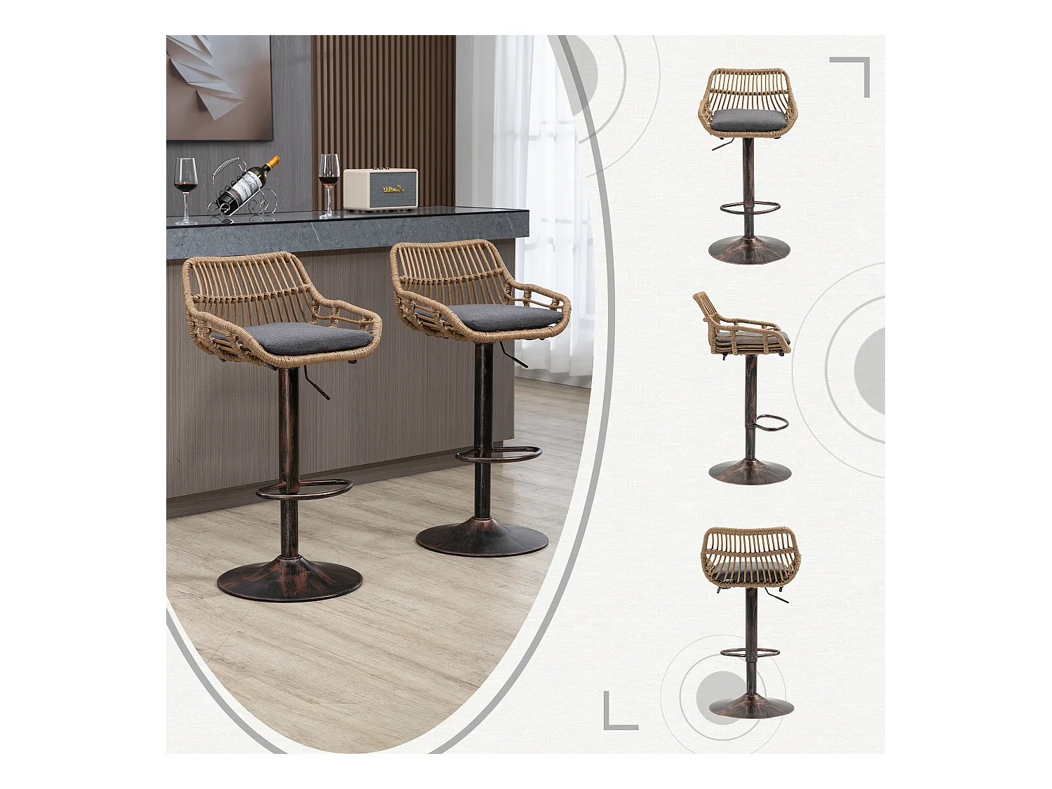 Lot de 4 Tabourets de Bar – Assise en Lin Gris – Base Métallique Marron – Design en Rotin – Confort Optimal