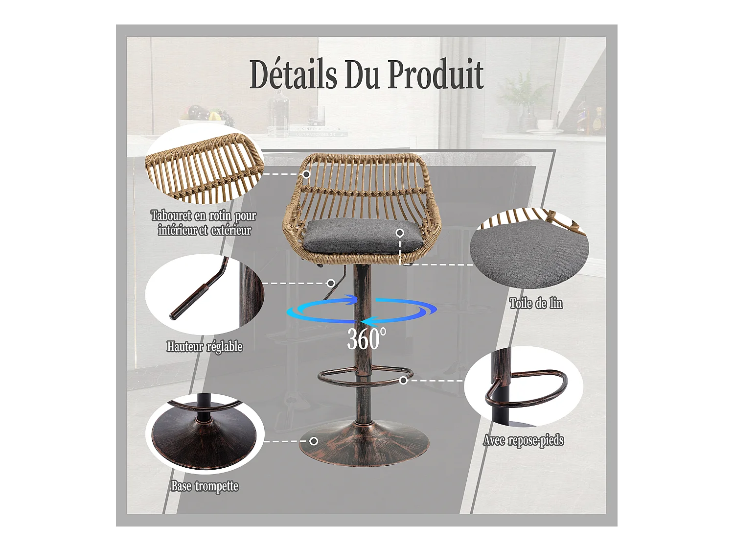 Lot de 4 Tabourets de Bar – Assise en Lin Gris – Base Métallique Marron – Design en Rotin – Confort Optimal