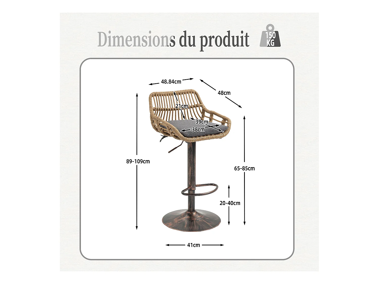 Lot de 4 Tabourets de Bar – Assise en Lin Gris – Base Métallique Marron – Design en Rotin – Confort Optimal