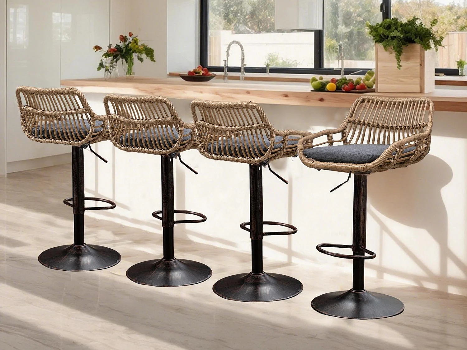 Set van 4 barkrukken – Linnen zitting – Bruin metalen onderstel – Rotan design – Optimaal comfort