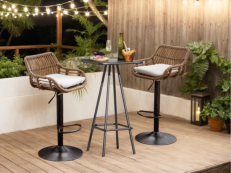 Lot de 2 Tabourets de Bar – Assise en Lin Beige – Base Métallique Marron – Design en Rotin – Confort Optimal