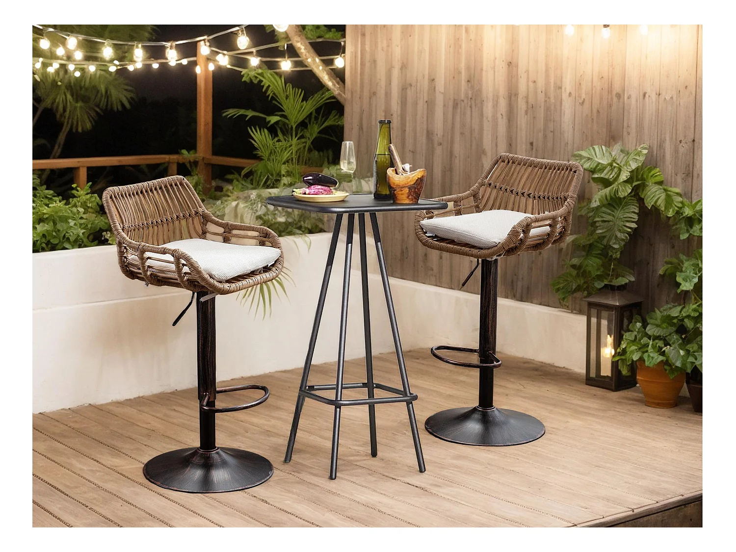 Lot de 2 Tabourets de Bar – Assise en Lin Beige – Base Métallique Marron – Design en Rotin – Confort Optimal