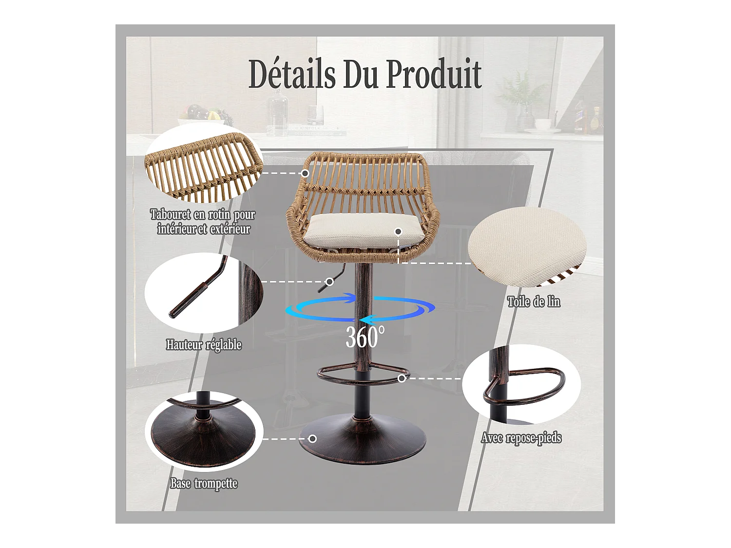 Lot de 2 Tabourets de Bar – Assise en Lin Beige – Base Métallique Marron – Design en Rotin – Confort Optimal