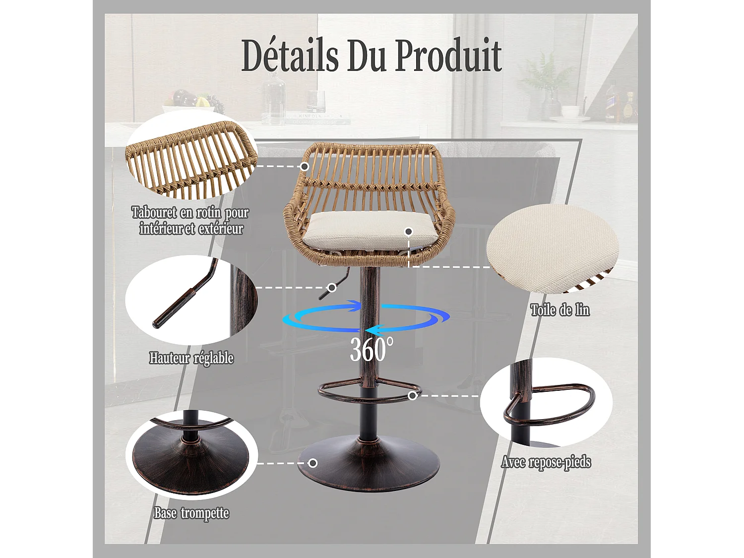 Lot de 2 Tabourets de Bar – Assise en Lin Beige – Base Métallique Marron – Design en Rotin – Confort Optimal