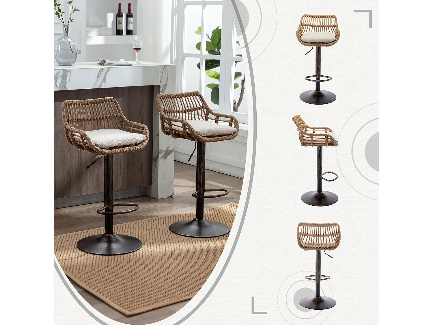 Lot de 2 Tabourets de Bar – Assise en Lin Beige – Base Métallique Marron – Design en Rotin – Confort Optimal