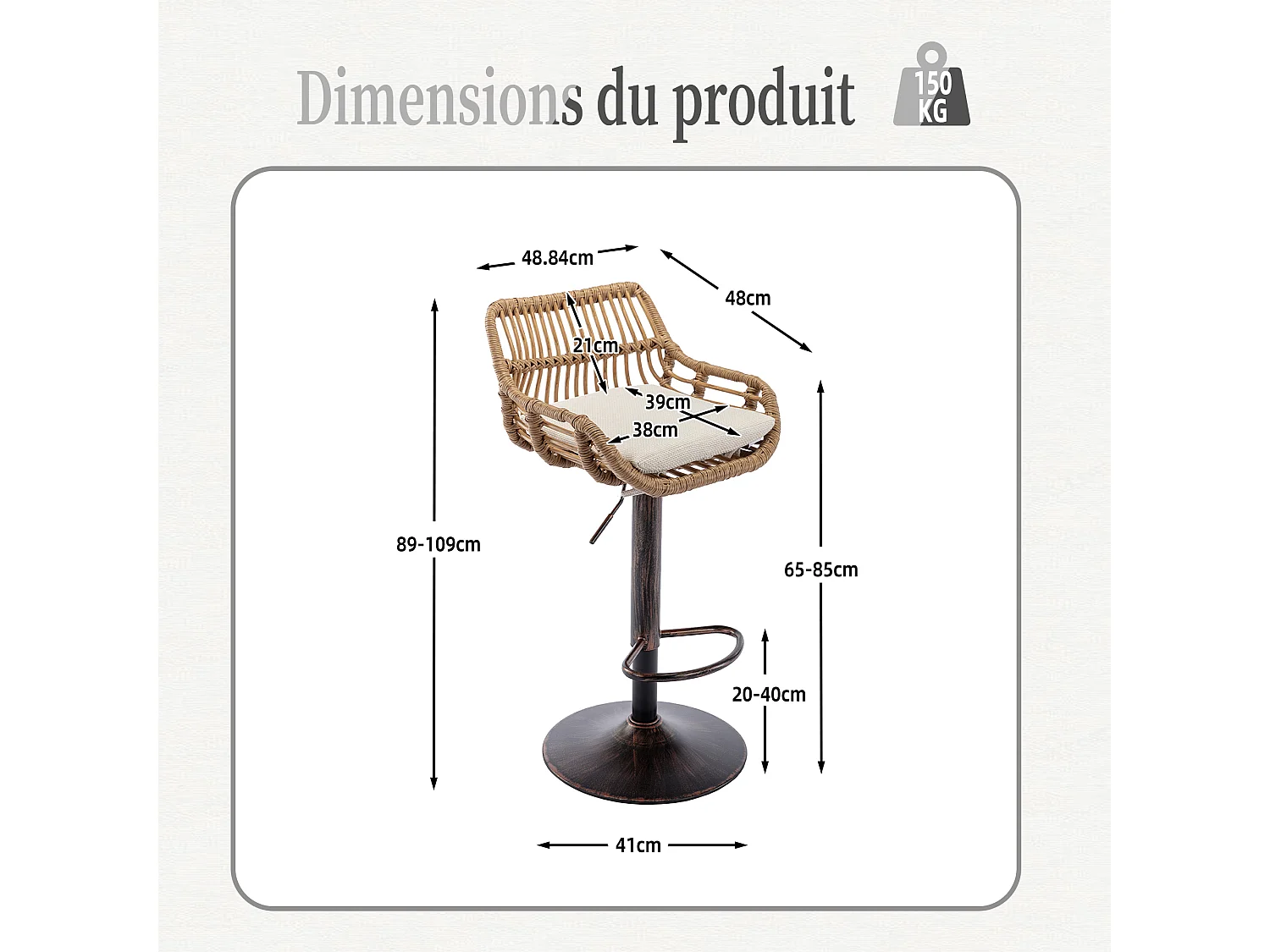 Lot de 2 Tabourets de Bar – Assise en Lin Beige – Base Métallique Marron – Design en Rotin – Confort Optimal
