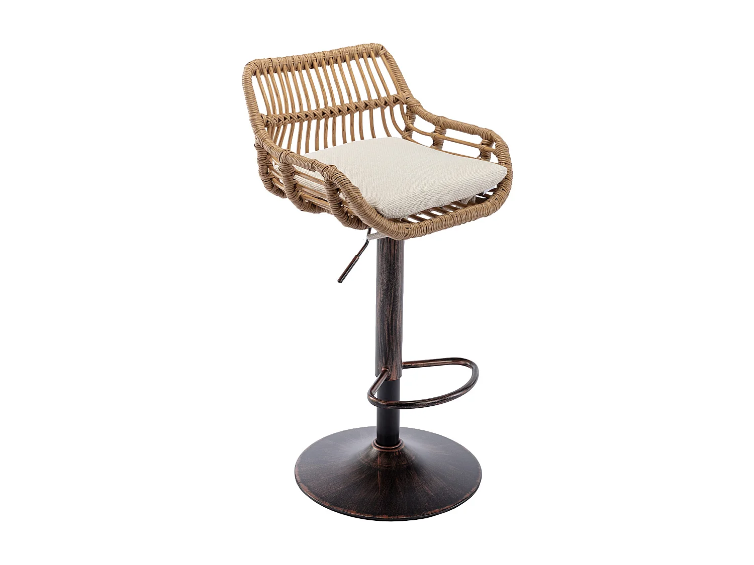 Lot de 2 Tabourets de Bar – Assise en Lin Beige – Base Métallique Marron – Design en Rotin – Confort Optimal