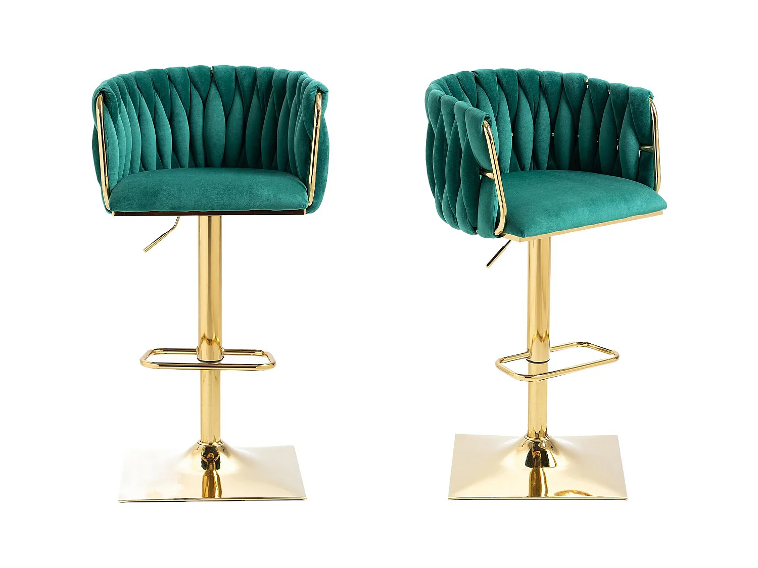 Lot de 2 Tabourets de Bar Tressés en Vert - Pieds en Métal Doré - Repose-Pieds - Hauteur Réglable - Rotation 360° - Idéal pour Cuisine, Salon ou Bar