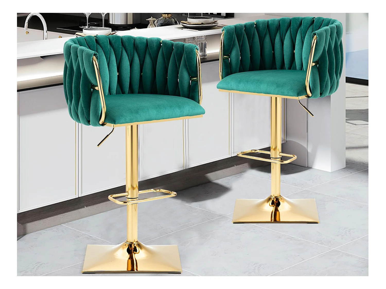 Lot de 2 Tabourets de Bar Tressés en Vert - Pieds en Métal Doré - Repose-Pieds - Hauteur Réglable - Rotation 360° - Idéal pour Cuisine, Salon ou Bar