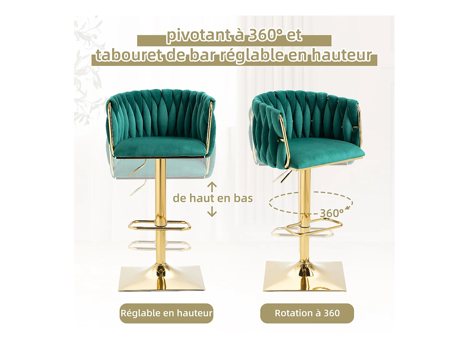 Lot de 2 Tabourets de Bar Tressés en Vert - Pieds en Métal Doré - Repose-Pieds - Hauteur Réglable - Rotation 360° - Idéal pour Cuisine, Salon ou Bar