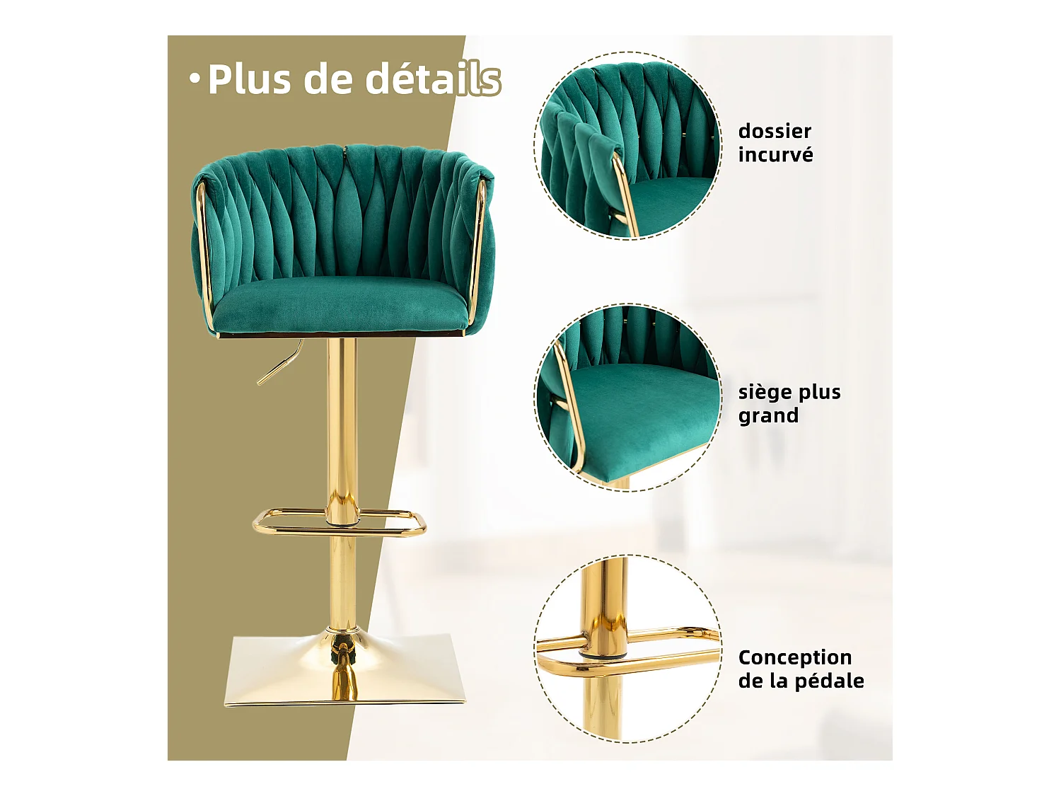 Lot de 2 Tabourets de Bar Tressés en Vert - Pieds en Métal Doré - Repose-Pieds - Hauteur Réglable - Rotation 360° - Idéal pour Cuisine, Salon ou Bar