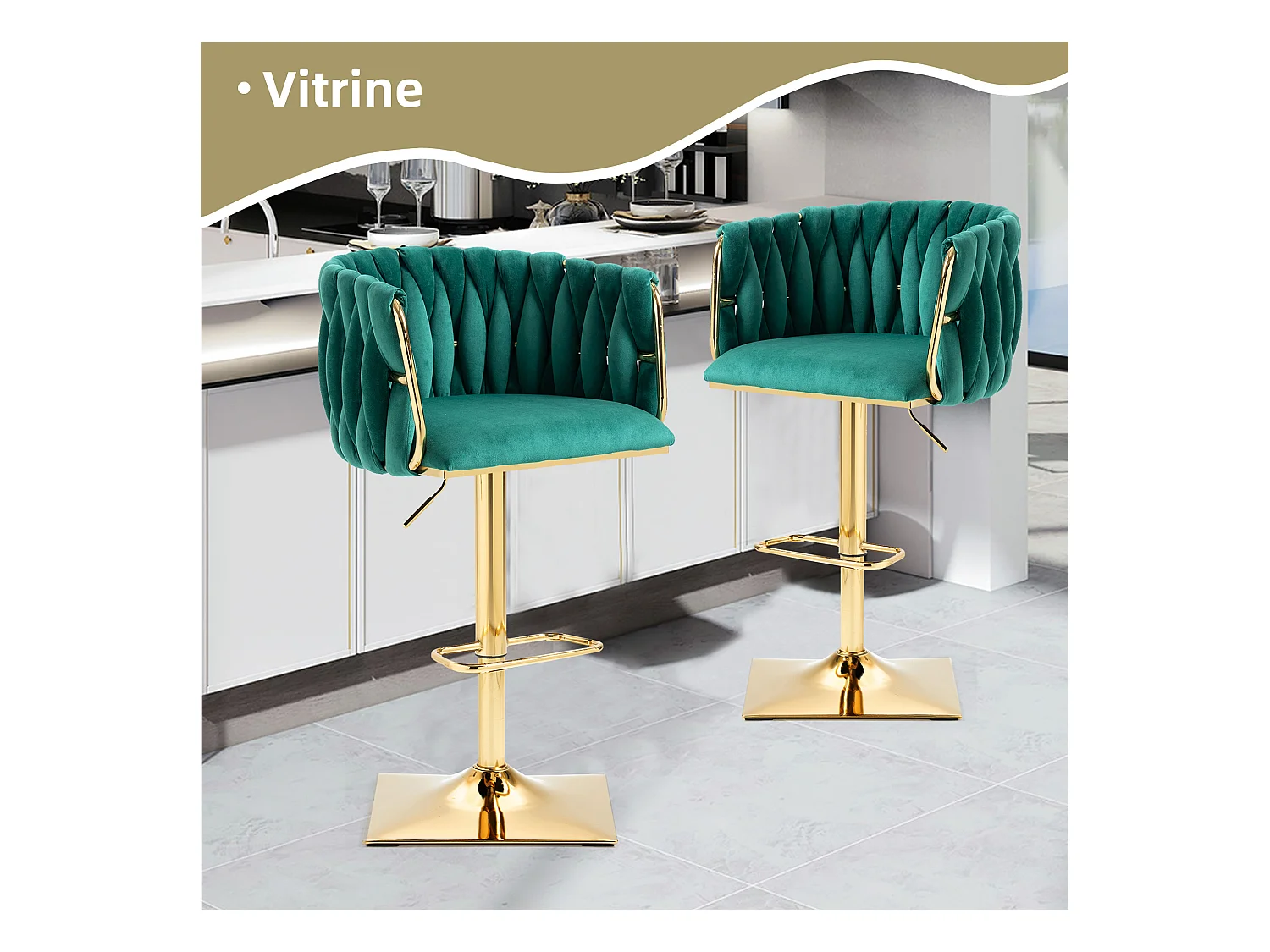 Lot de 2 Tabourets de Bar Tressés en Vert - Pieds en Métal Doré - Repose-Pieds - Hauteur Réglable - Rotation 360° - Idéal pour Cuisine, Salon ou Bar