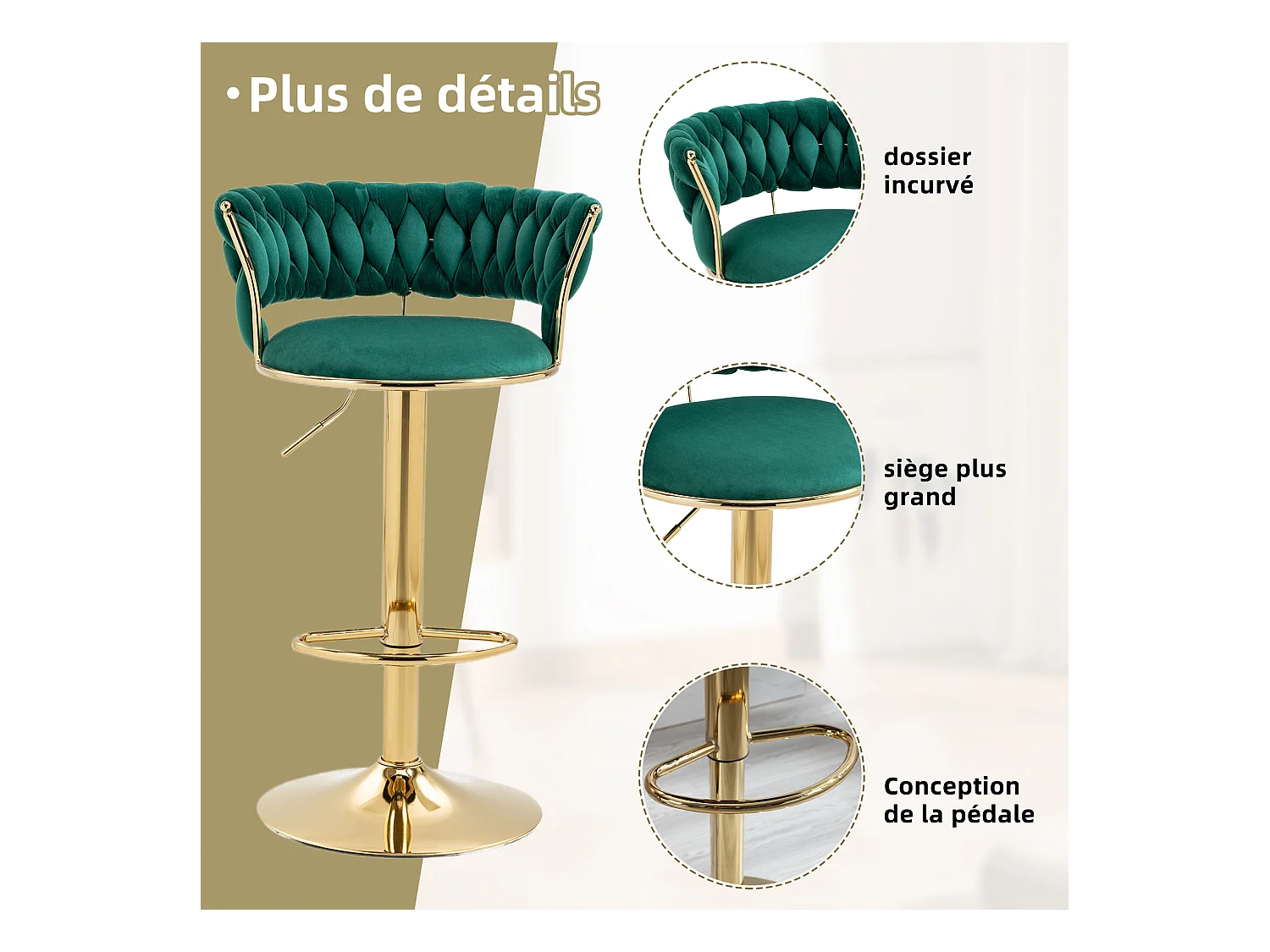 Lot de 2 Tabourets de Bar – Assise Tissée Verte – Pieds Dorés – Hauteur Réglable – 360° Rotatifs – Idéal pour Cuisine et Bar