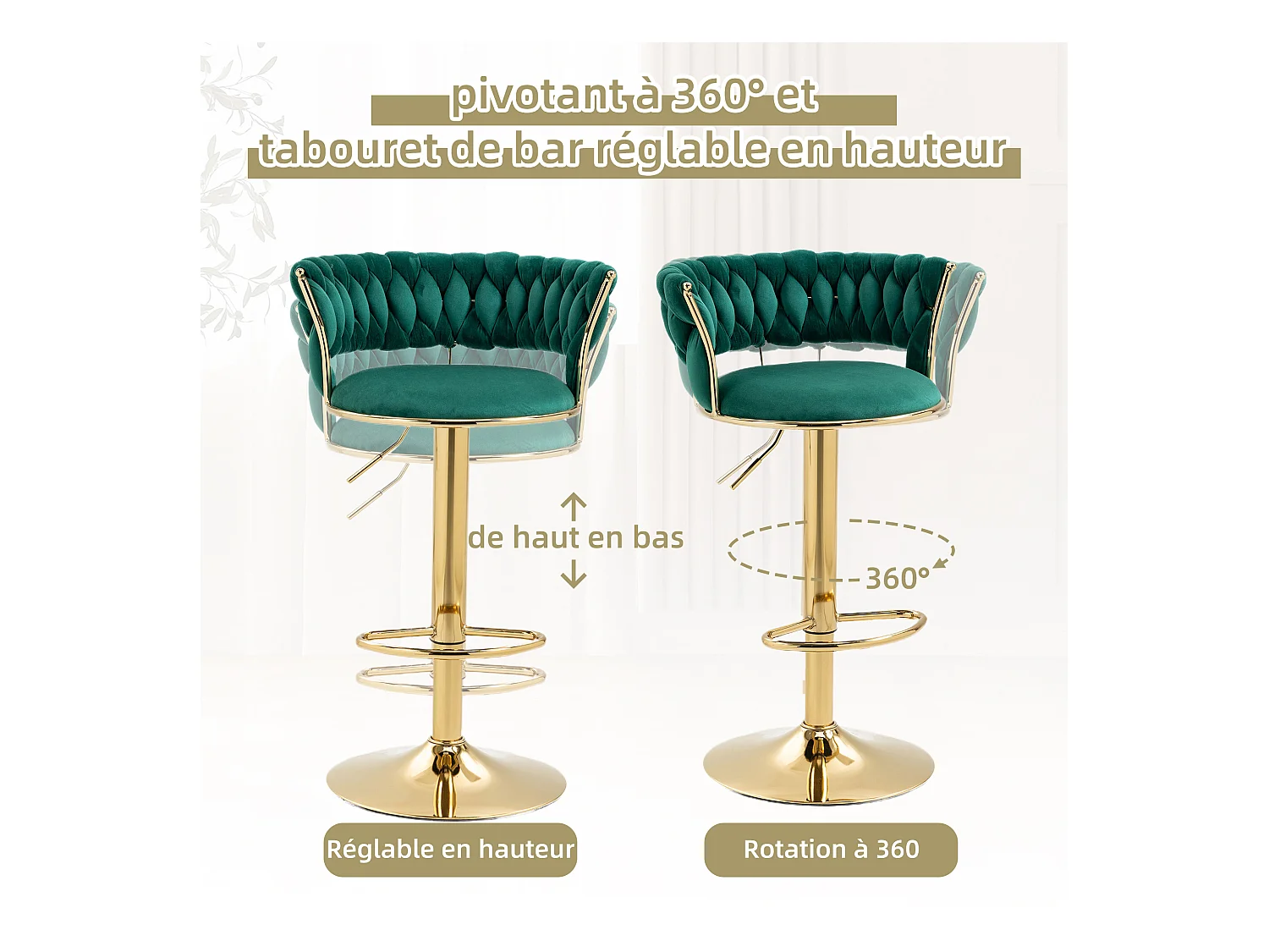 Lot de 2 Tabourets de Bar – Assise Tissée Verte – Pieds Dorés – Hauteur Réglable – 360° Rotatifs – Idéal pour Cuisine et Bar
