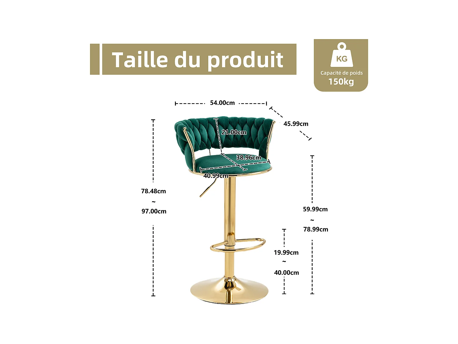 Lot de 2 Tabourets de Bar – Assise Tissée Verte – Pieds Dorés – Hauteur Réglable – 360° Rotatifs – Idéal pour Cuisine et Bar